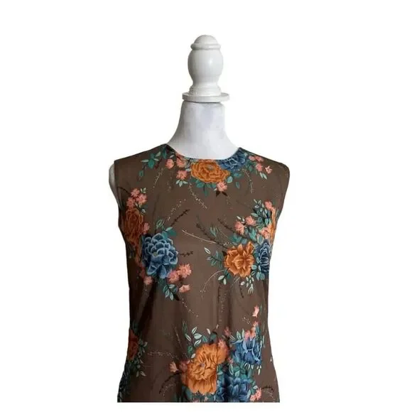 Vintage 1970s Sears Dress Cardigan Taupe Floral 2 Piece Set Maxi US Size 10 - Picture 7 of 16